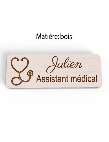 Badge personnalisé assistant médical, motif accueil et santé, vue en biais 2