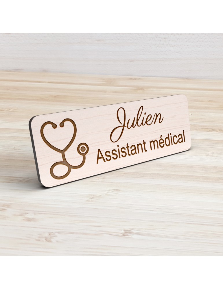 Badge personnalisé assistant médical, motif accueil et santé, vue de présentation