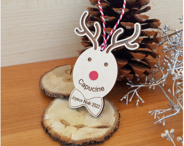 Boule de Noël cerf personnalisée - bois nez rouge acrylique prénom joyeux noêl mon premier noêl joyeux noêl