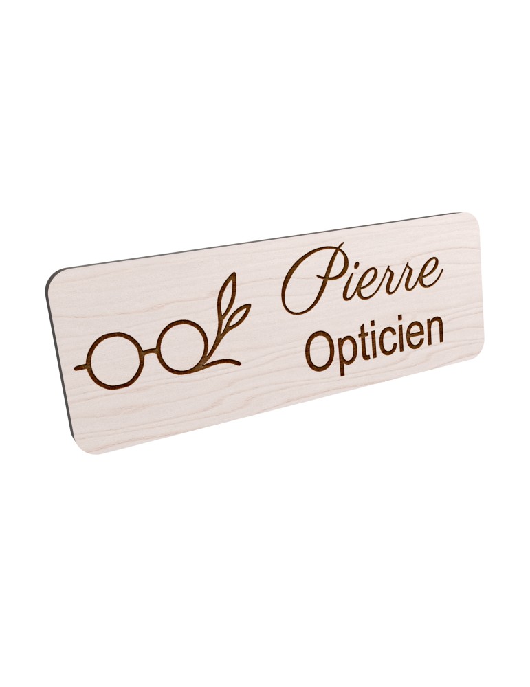 Badge personnalisé opticien, motif optique et lunetterie, vue en biais