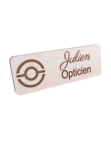 Badge personnalisé opticien, motif optique et lunetterie, vue en biais