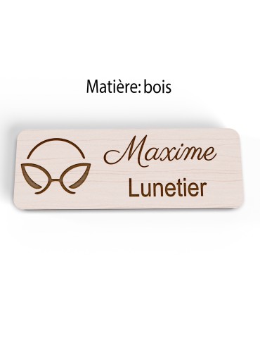 Badge personnalisé lunetier, motif optique et lunetterie, vue en biais 2