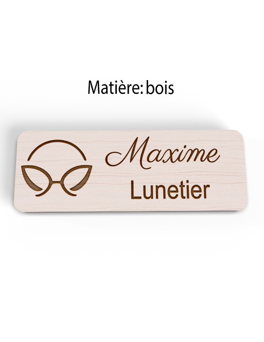 Badge personnalisé lunetier, motif optique et lunetterie, version bois vue à plat