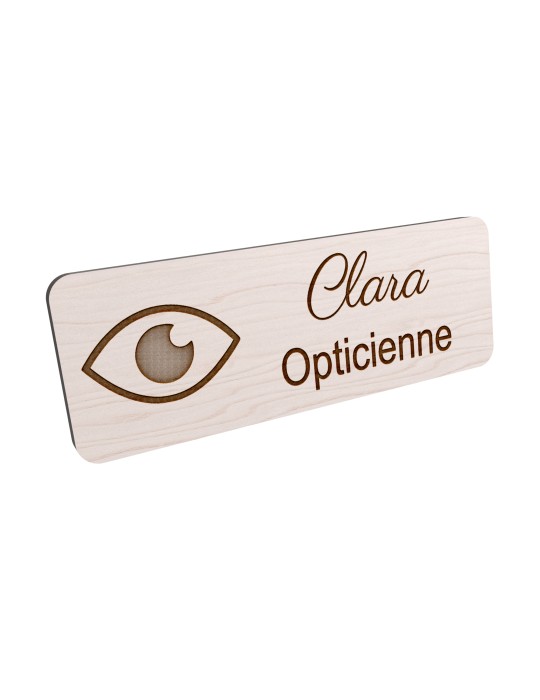 Badge personnalisé opticienne, motif optique et lunetterie, vue en biais