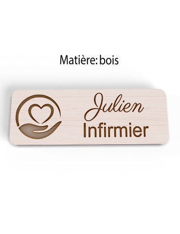 Badge personnalisé infirmier, motif soin et accompagnement, vue en biais 2