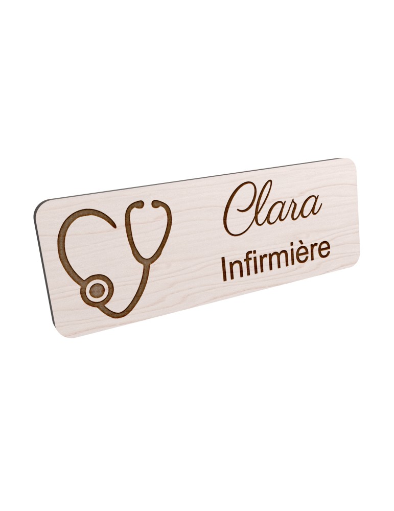 Badge personnalisé infirmière, motif soin et accompagnement, vue en biais