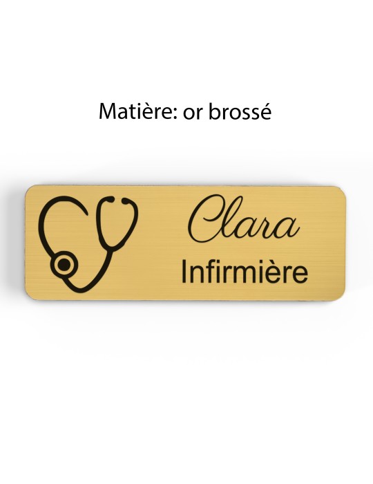 Badge personnalisé infirmière, motif soin et accompagnement, finition or brossé