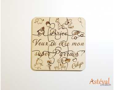 Puzzle carré en bois personnalisé demande marraine ou parrain