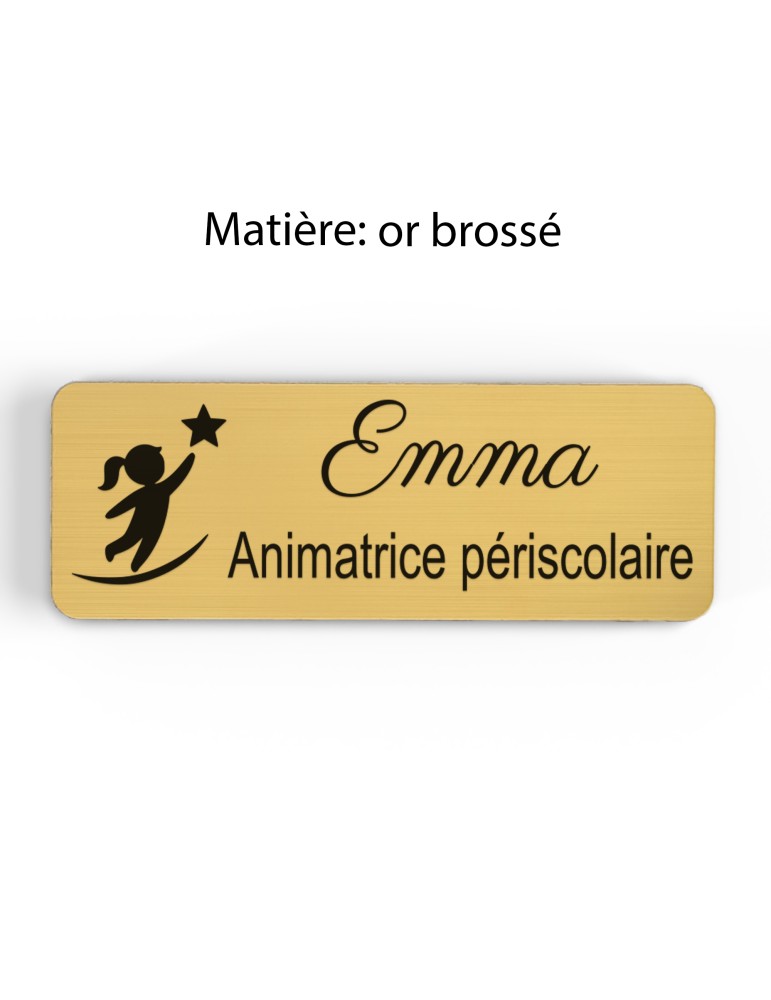 Badge personnalisé animatrice périscolaire, motif animation et activités pour enfants, finition or brossé