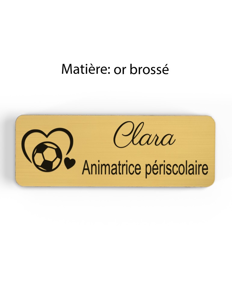 Badge personnalisé animatrice périscolaire, motif animation et activités pour enfants, finition or brossé
