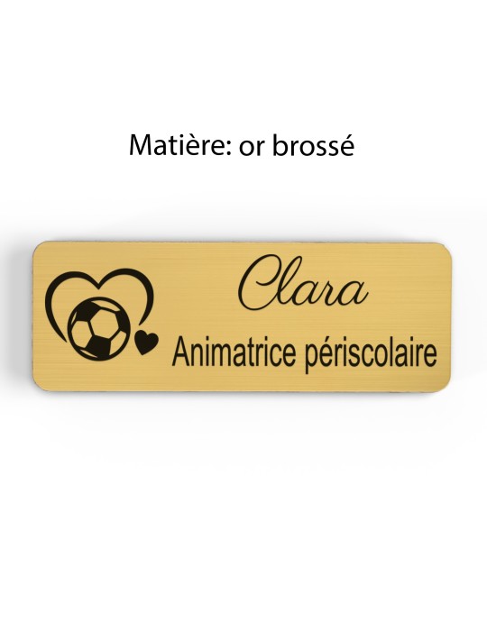 Badge personnalisé animatrice périscolaire, motif animation et activités pour enfants, finition or brossé