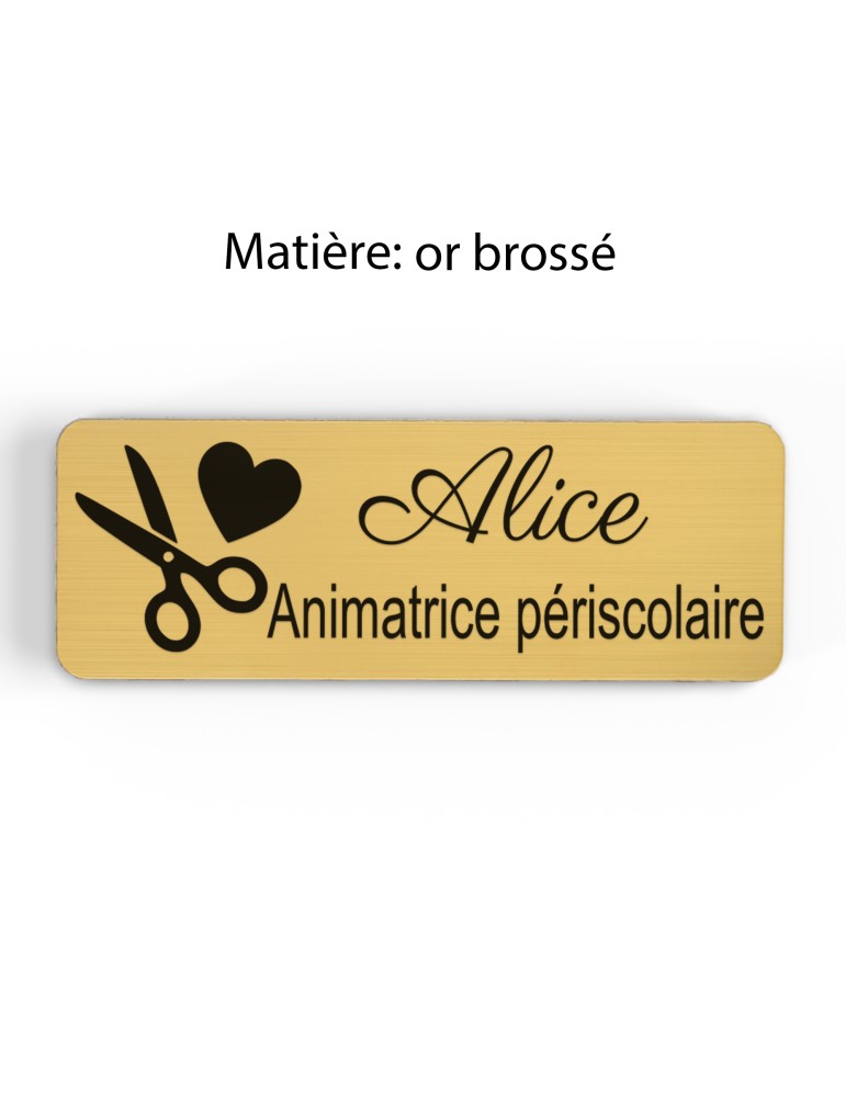 Badge personnalisé animatrice périscolaire, motif animation et activités pour enfants, finition or brossé