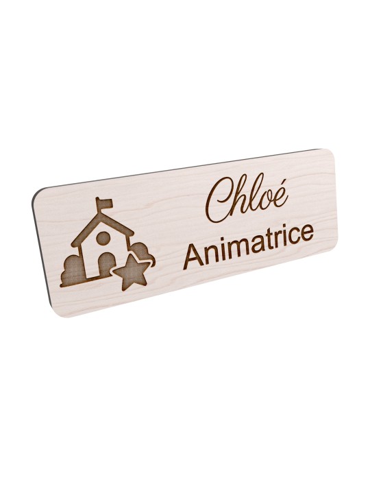 Badge personnalisé animatrice, motif animation et activités pour enfants, vue en biais