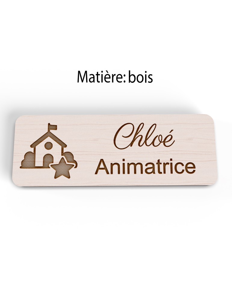Badge personnalisé animatrice, motif animation et activités pour enfants, version bois vue à plat