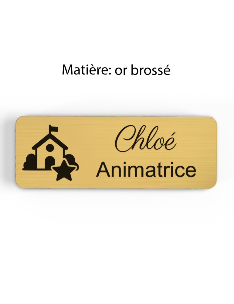 Badge personnalisé animatrice, motif animation et activités pour enfants, finition or brossé