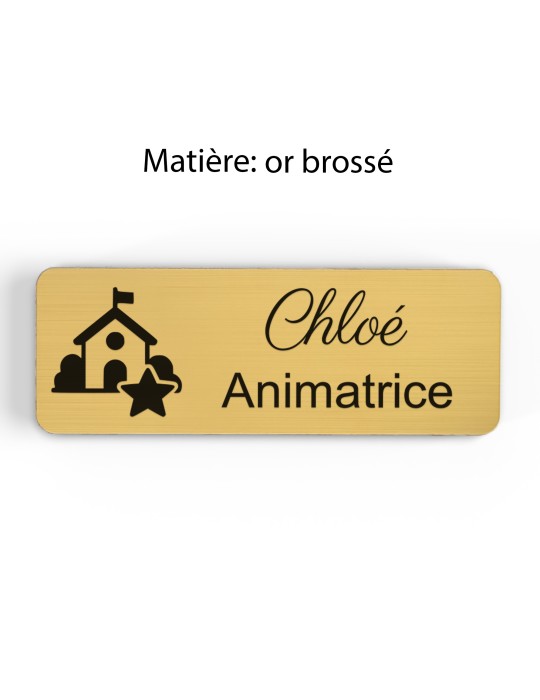 Badge personnalisé animatrice, motif animation et activités pour enfants, finition or brossé