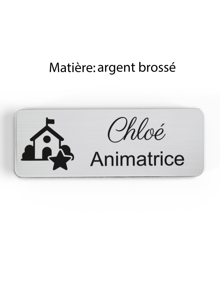 Badge personnalisé animatrice, motif animation et activités pour enfants, finition argent brossé