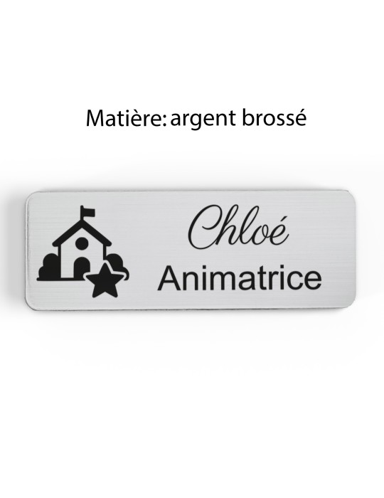 Badge personnalisé animatrice, motif animation et activités pour enfants, finition argent brossé