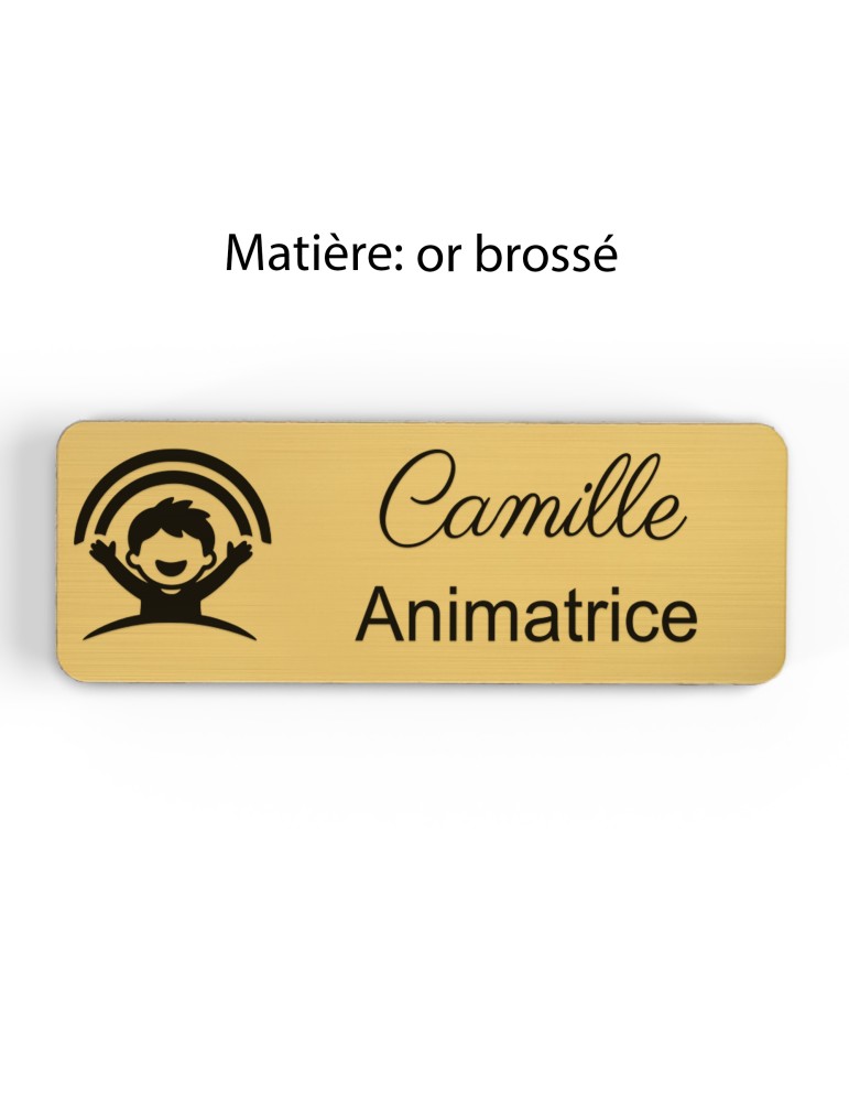 Badge personnalisé animatrice, motif animation et activités pour enfants, finition or brossé