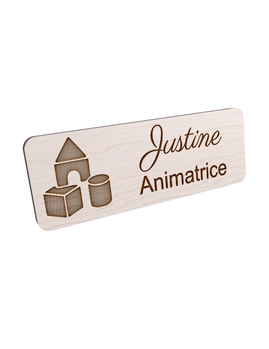 Badge personnalisé animatrice, motif animation et activités pour enfants, vue en biais