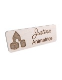 Badge personnalisé animatrice, motif animation et activités pour enfants, vue en biais