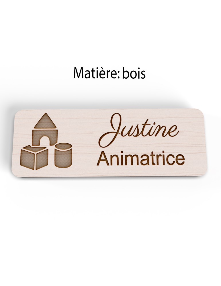 Badge personnalisé animatrice, motif animation et activités pour enfants, version bois vue à plat