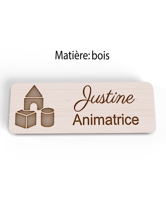 Badge personnalisé animatrice, motif animation et activités pour enfants, version bois vue à plat