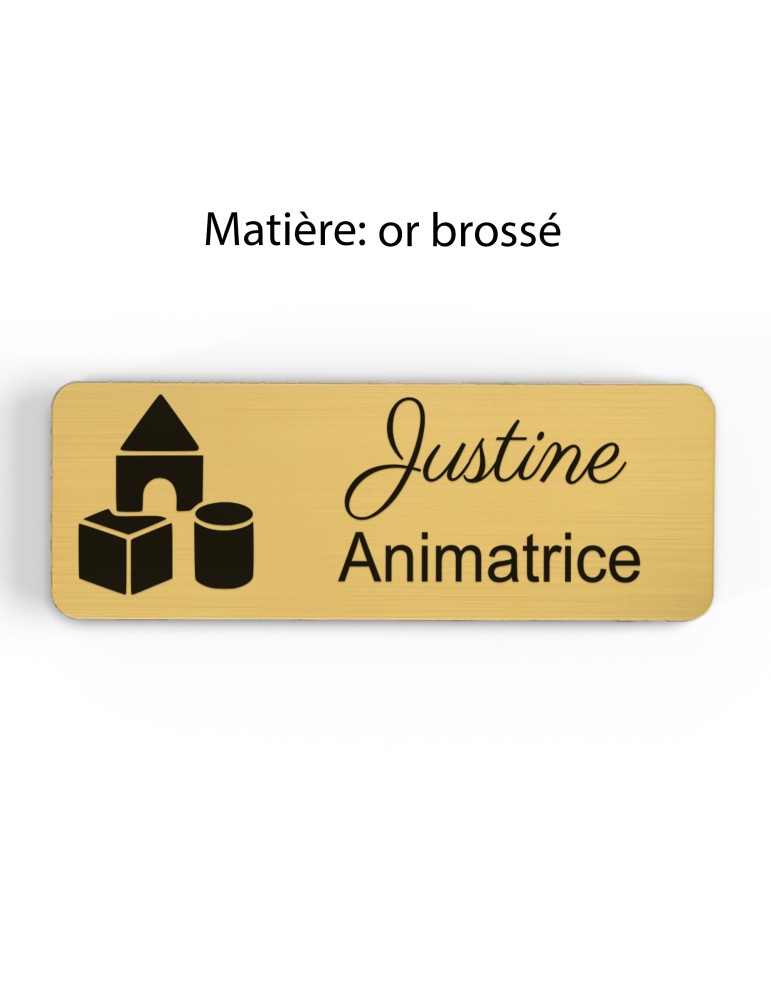 Badge personnalisé animatrice, motif animation et activités pour enfants, finition or brossé