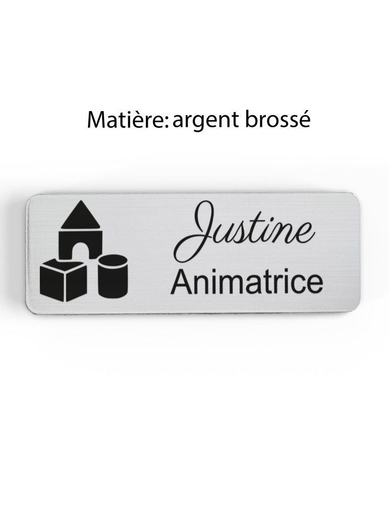 Badge personnalisé animatrice, motif animation et activités pour enfants, finition argent brossé