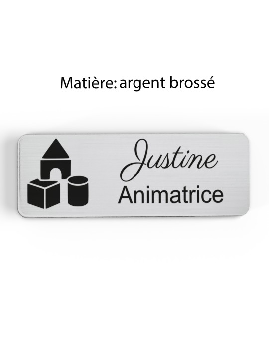 Badge personnalisé animatrice, motif animation et activités pour enfants, finition argent brossé