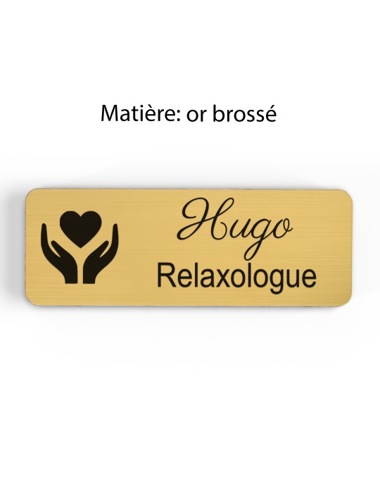 Badge personnalisé relaxologue, motif relaxation et détente, finition or brossé