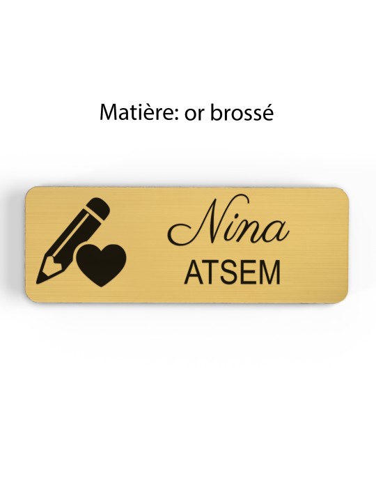 Badge personnalisé atsem, motif école maternelle et petite enfance, finition or brossé