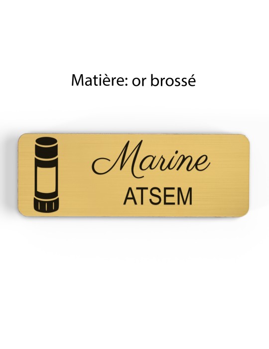 Badge personnalisé atsem, motif école maternelle et petite enfance, finition or brossé