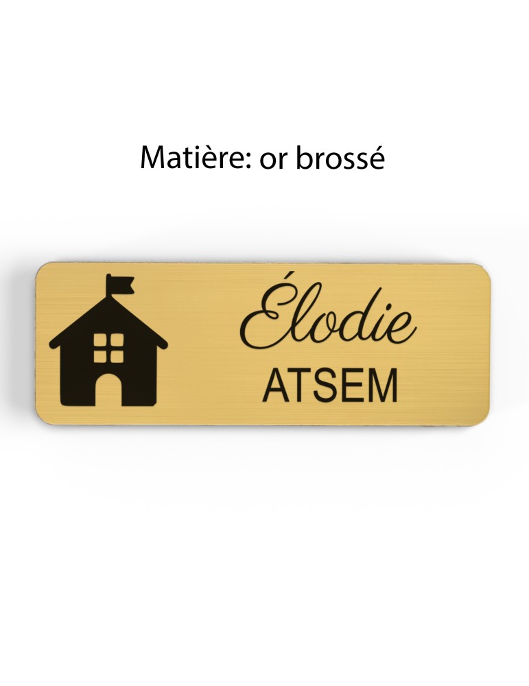 Badge personnalisé atsem, motif école maternelle et petite enfance, finition or brossé
