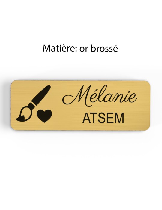 Badge personnalisé atsem, motif école maternelle et petite enfance, finition or brossé