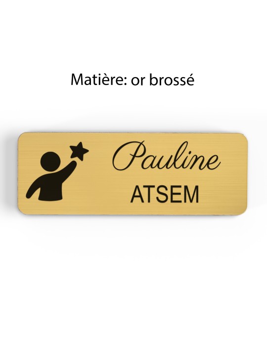 Badge personnalisé atsem, motif école maternelle et petite enfance, finition or brossé