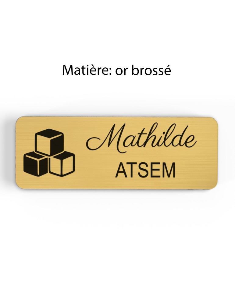 Badge personnalisé atsem, motif école maternelle et petite enfance, finition or brossé
