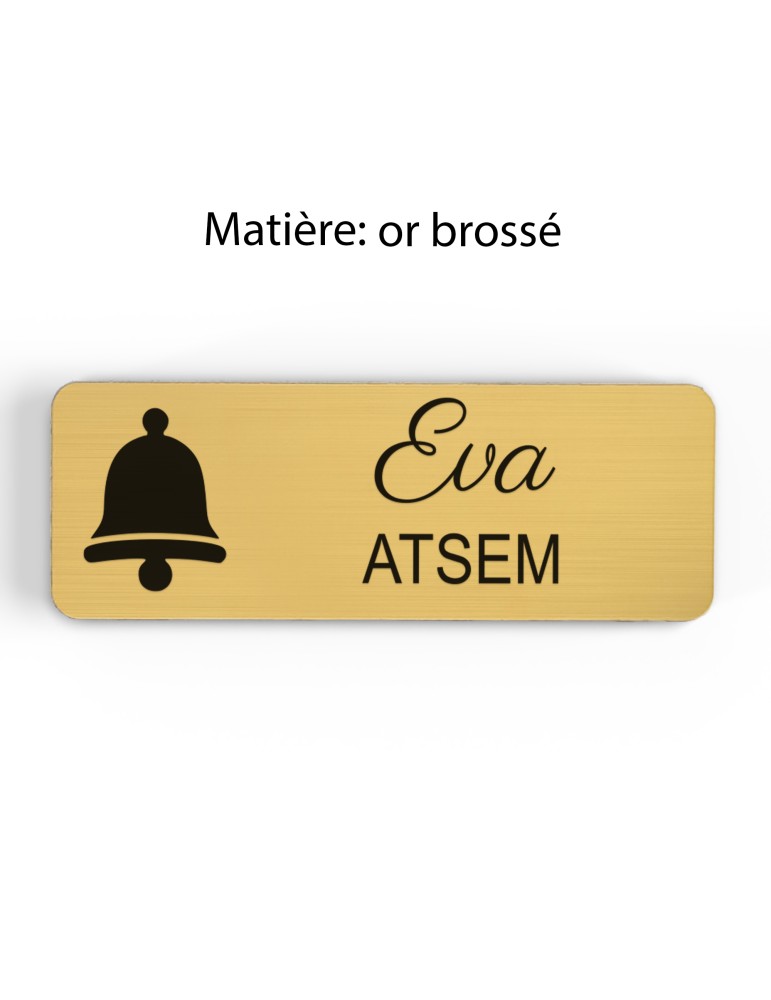 Badge personnalisé atsem, motif école maternelle et petite enfance, finition or brossé
