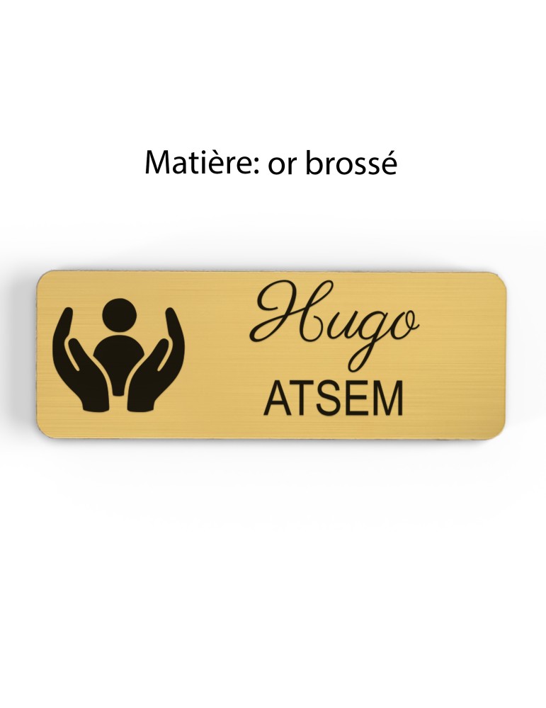 Badge personnalisé atsem, motif école maternelle et petite enfance, finition or brossé