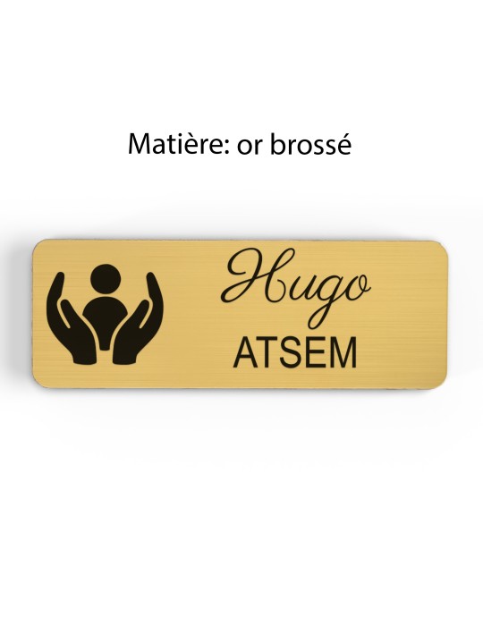 Badge personnalisé atsem, motif école maternelle et petite enfance, finition or brossé
