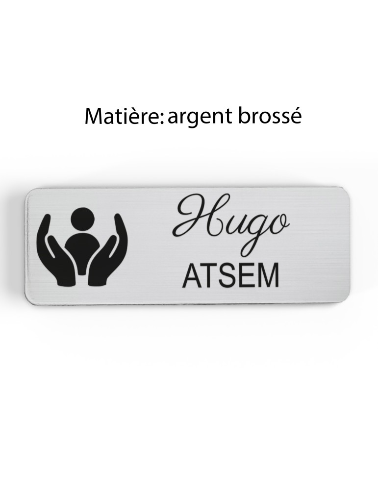 Badge personnalisé atsem, motif école maternelle et petite enfance, finition argent brossé