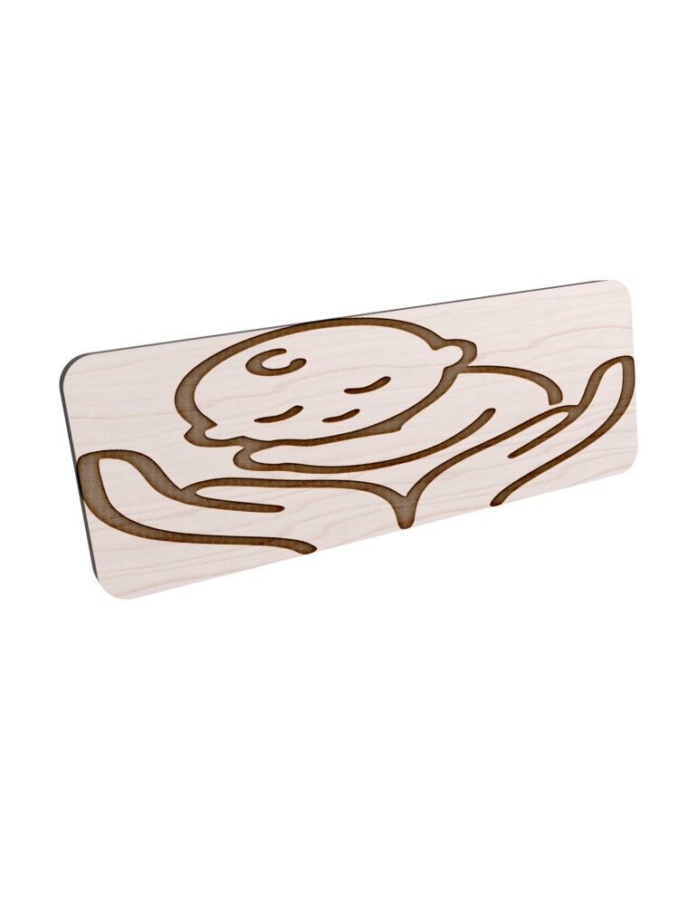 Badge personnalisé puéricultrice, motif bébé et puériculture, vue en biais
