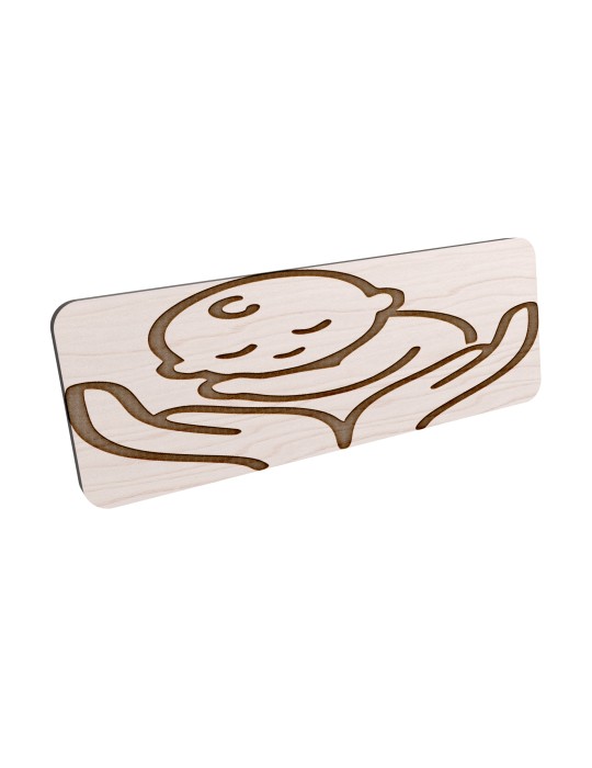 Badge personnalisé puéricultrice, motif bébé et puériculture, vue en biais