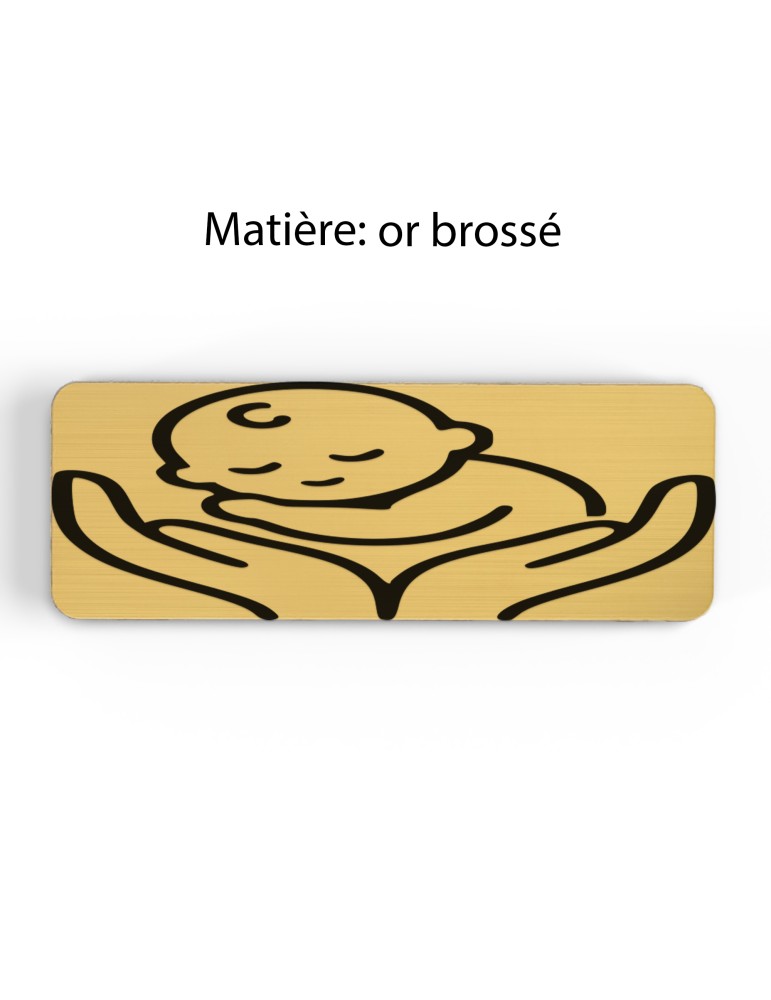 Badge personnalisé puéricultrice, motif bébé et puériculture, finition or brossé