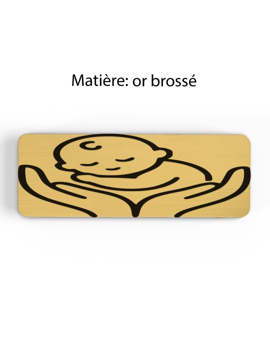 Badge personnalisé puéricultrice, motif bébé et puériculture, finition or brossé