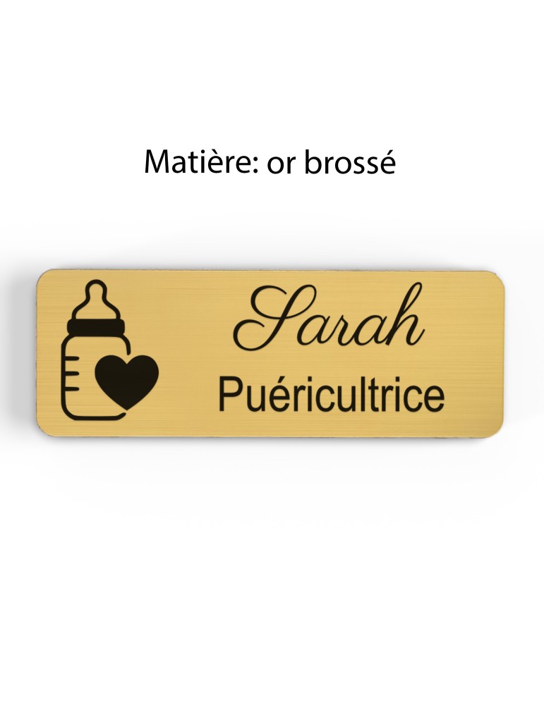 Badge personnalisé puéricultrice, motif bébé et puériculture, finition or brossé