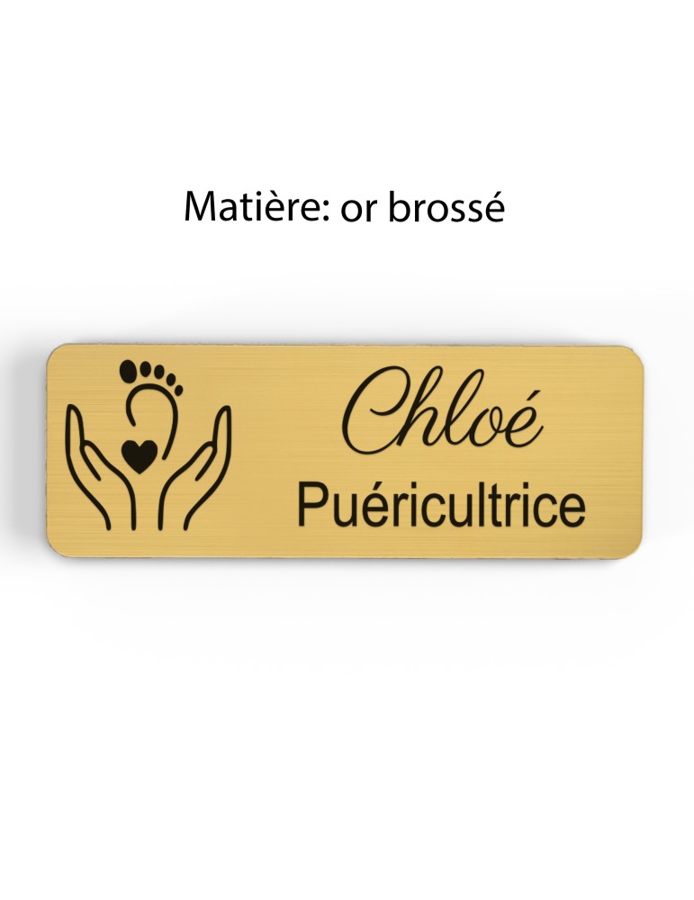 Badge personnalisé puéricultrice, motif bébé et puériculture, finition or brossé
