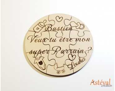 Puzzle rond en bois personnalisé demande marraine ou parrain