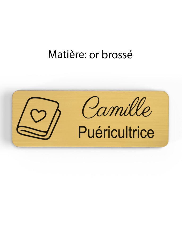 Badge personnalisé puéricultrice, motif bébé et puériculture, finition or brossé