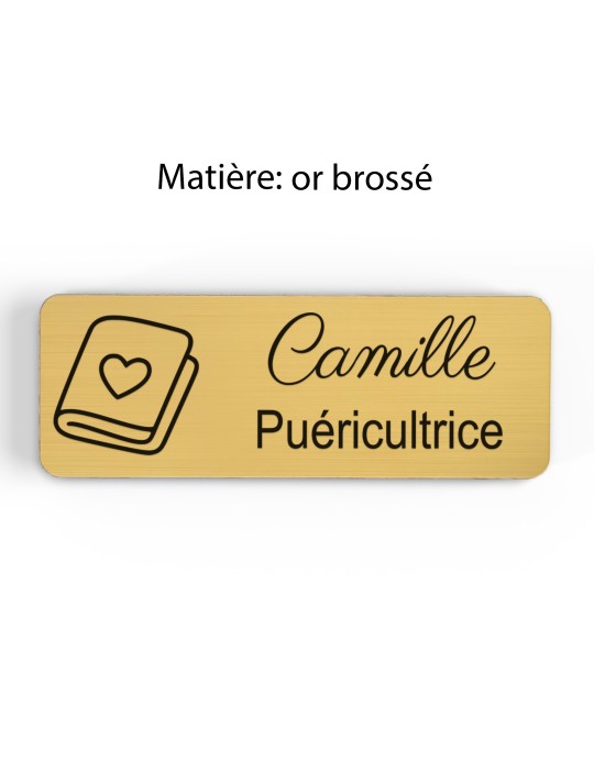 Badge personnalisé puéricultrice, motif bébé et puériculture, finition or brossé